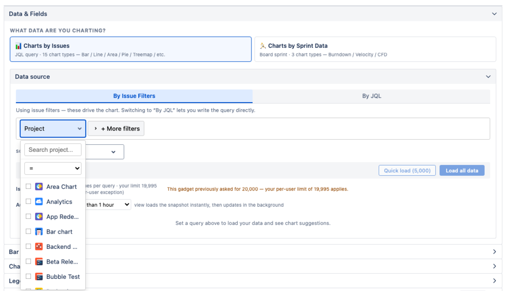 The Data and Fields panel with Basic filters and JQL