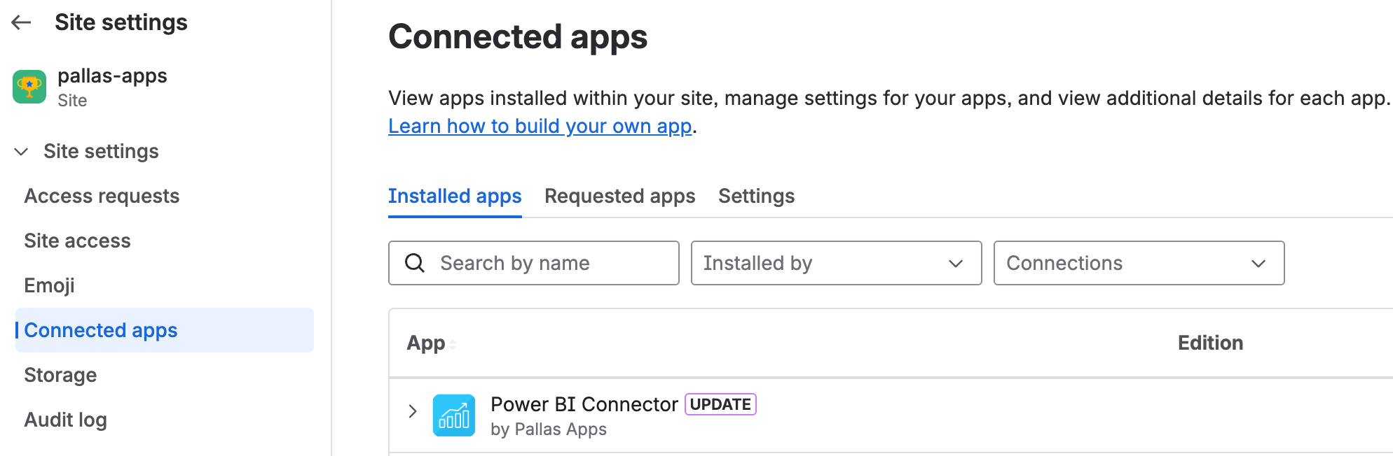 Connected Apps section showing Power BI Connector