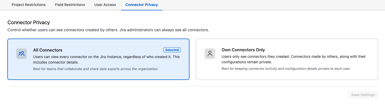 Connector Privacy tab showing both visibility options