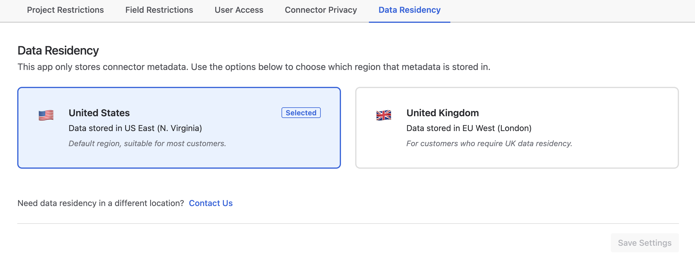 Data Residency tab with United States region selected by default