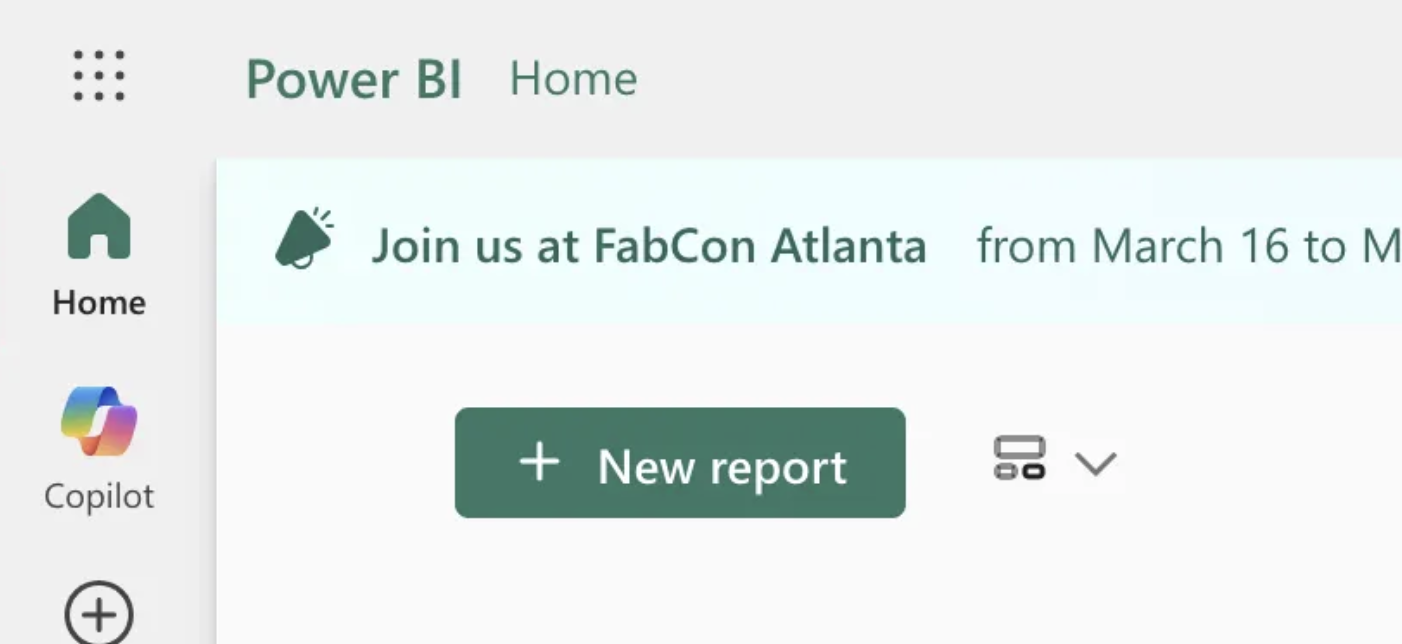 Power BI workspace with New Report button