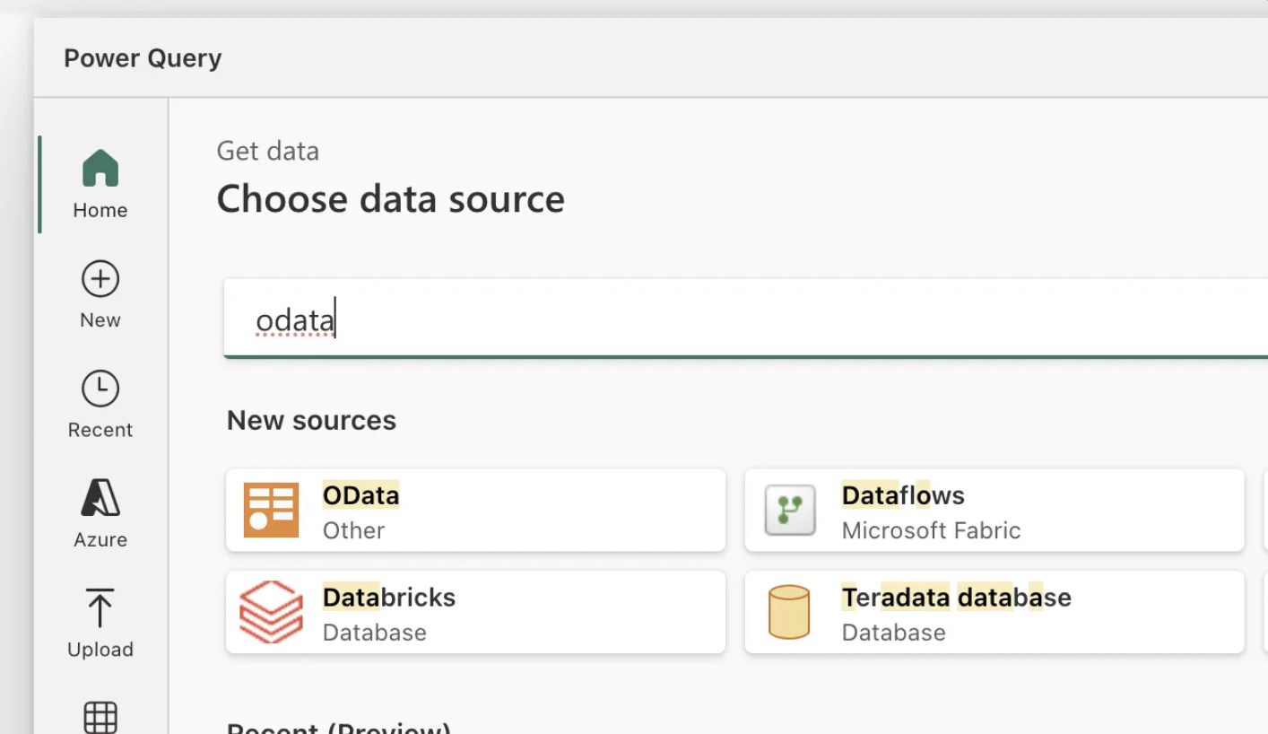 Get Data dialog with OData search