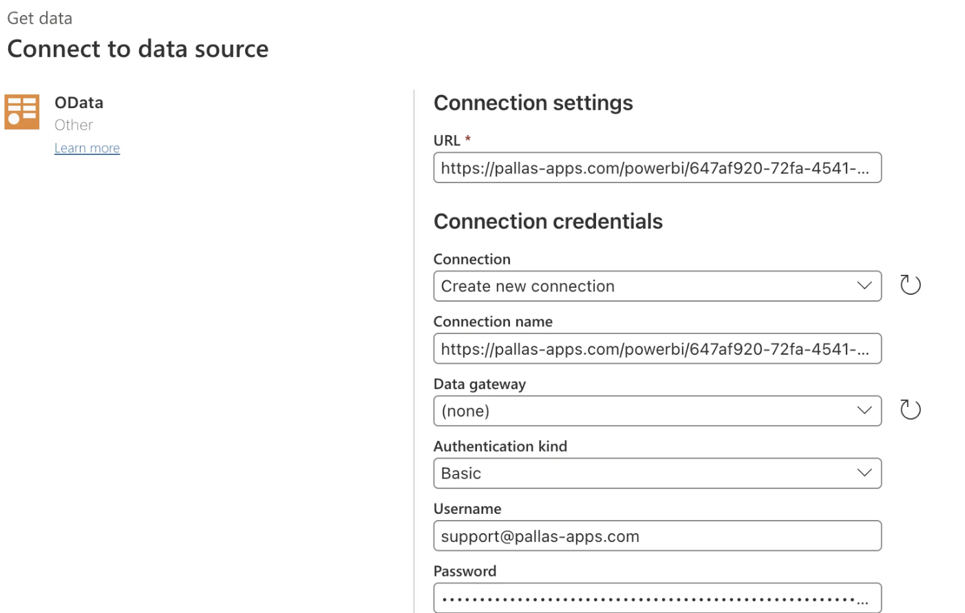 OData connection dialog with credentials