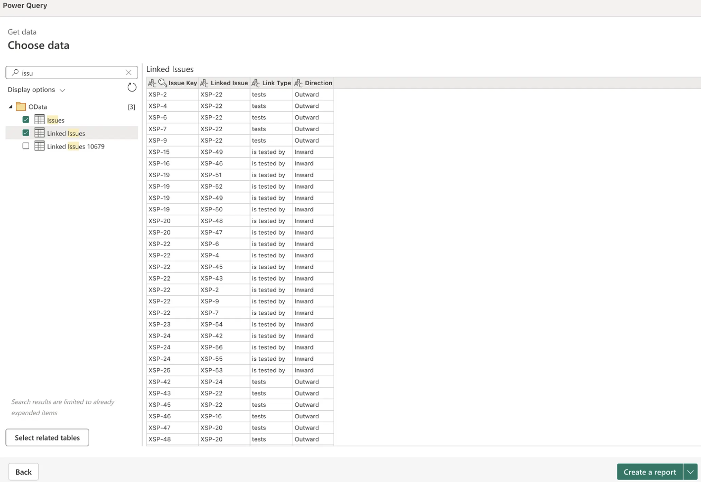 Table selection dialog with Create a Report button