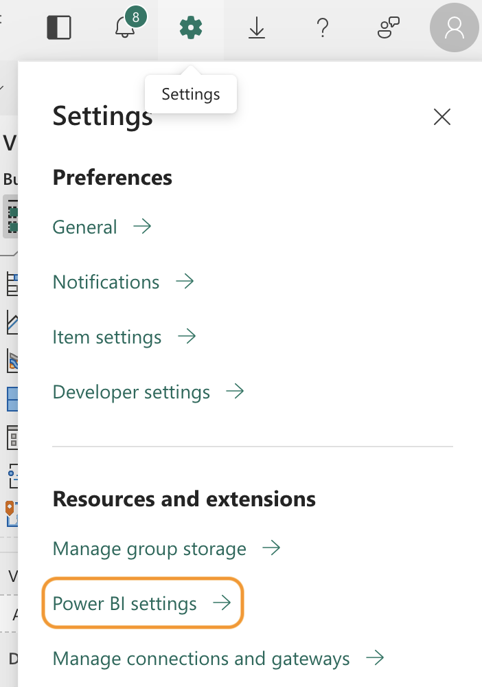 Settings menu with Power BI settings option