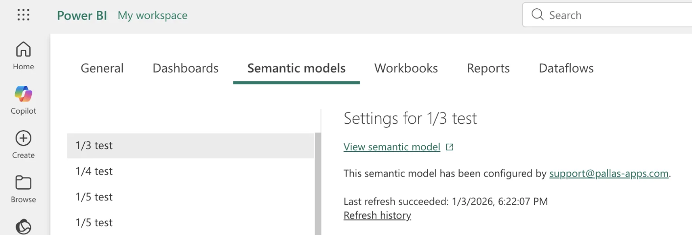 Power BI settings with Semantic Models option