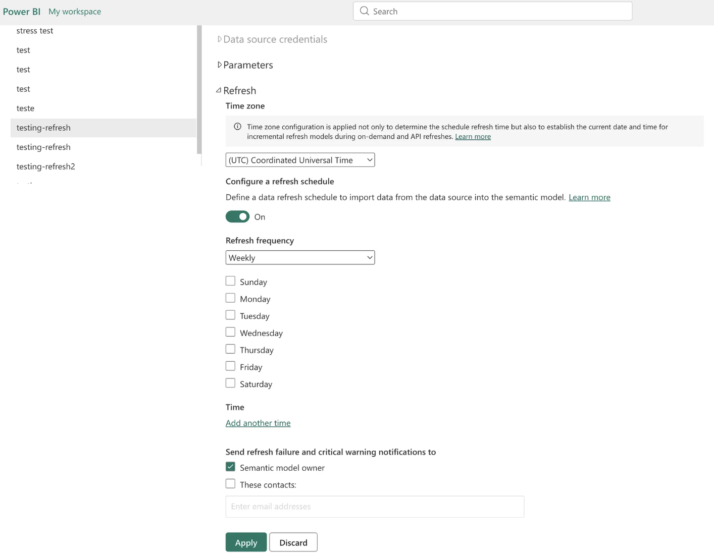 Semantic model settings with Refresh section