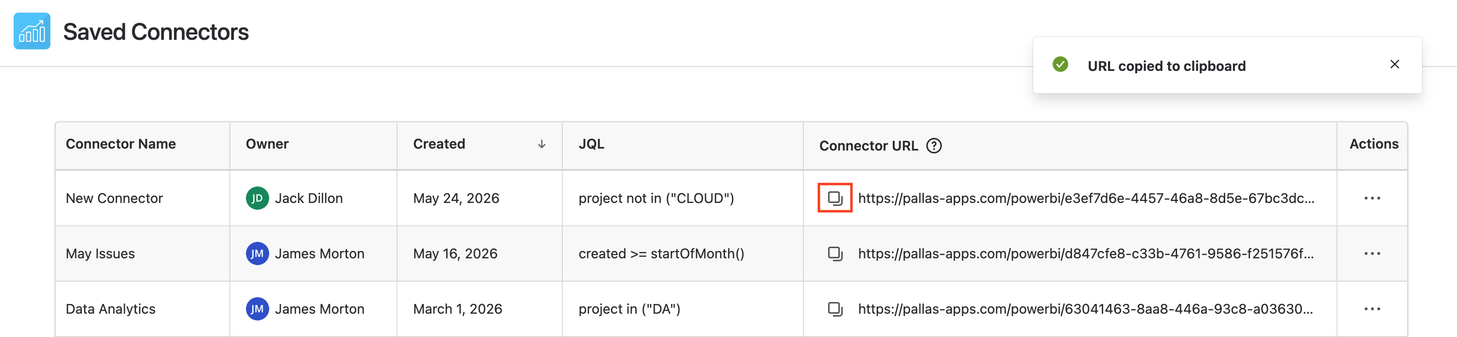 Saved connectors page with copy URL button highlighted