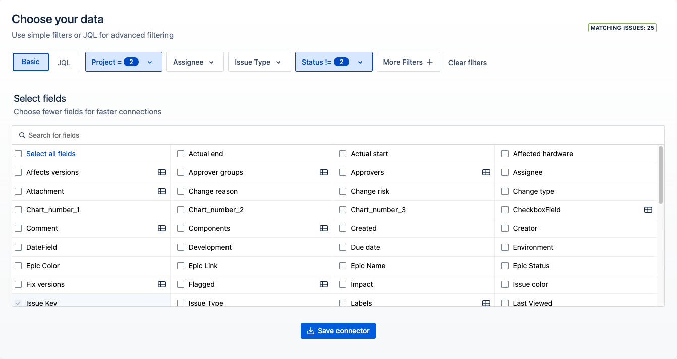 Field selection table showing fields with table icons for multi-value fields