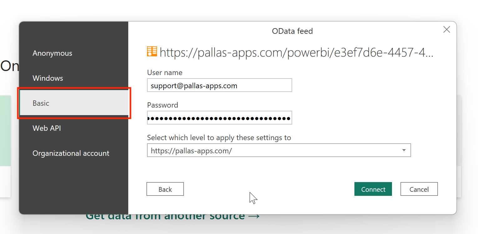 Power BI authentication dialog with Basic auth selected
