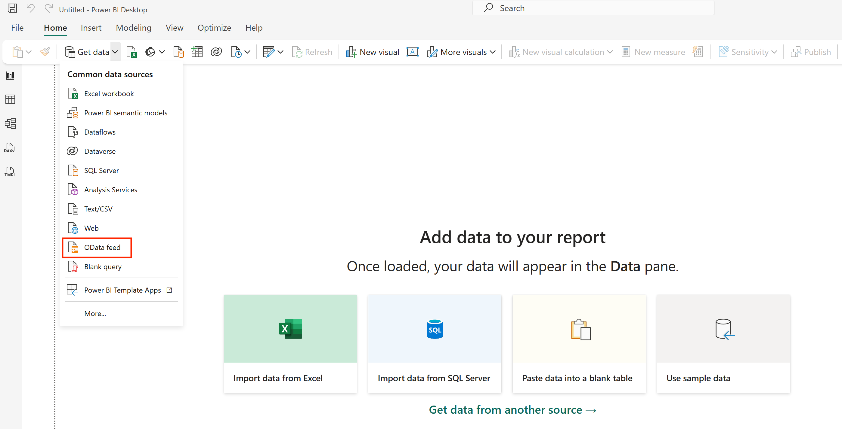 Power BI Get Data menu with OData option