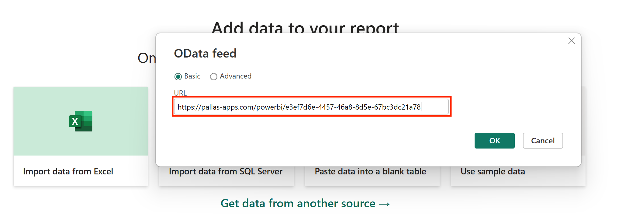 OData feed dialog with URL field