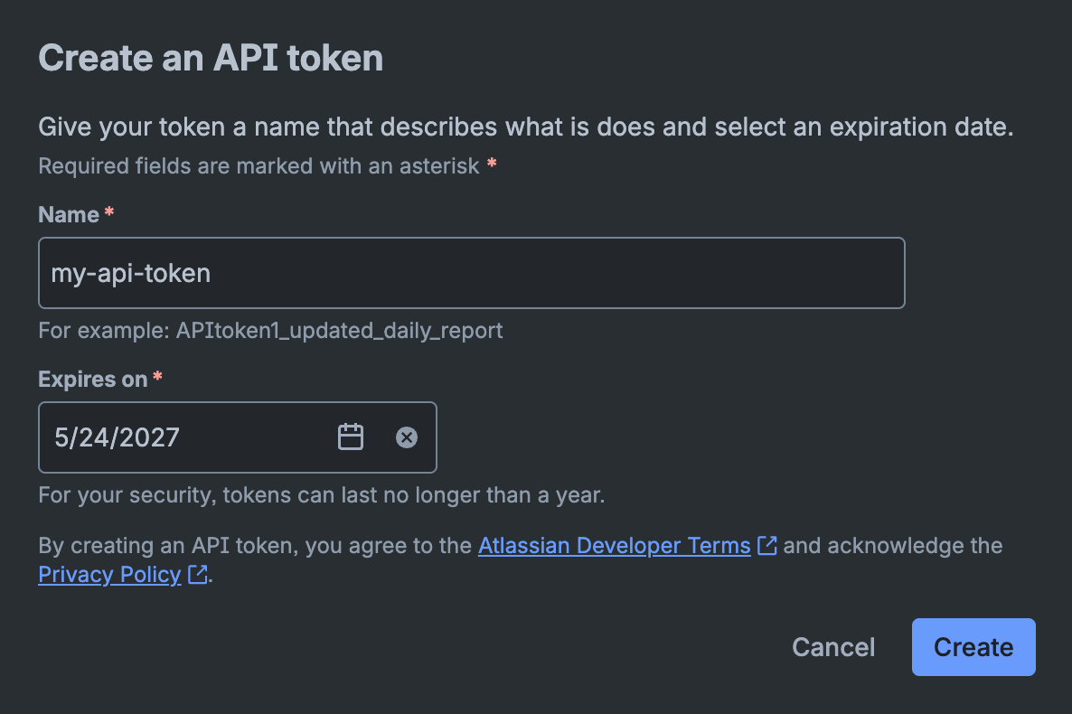Create access token dialog with name and expiration fields