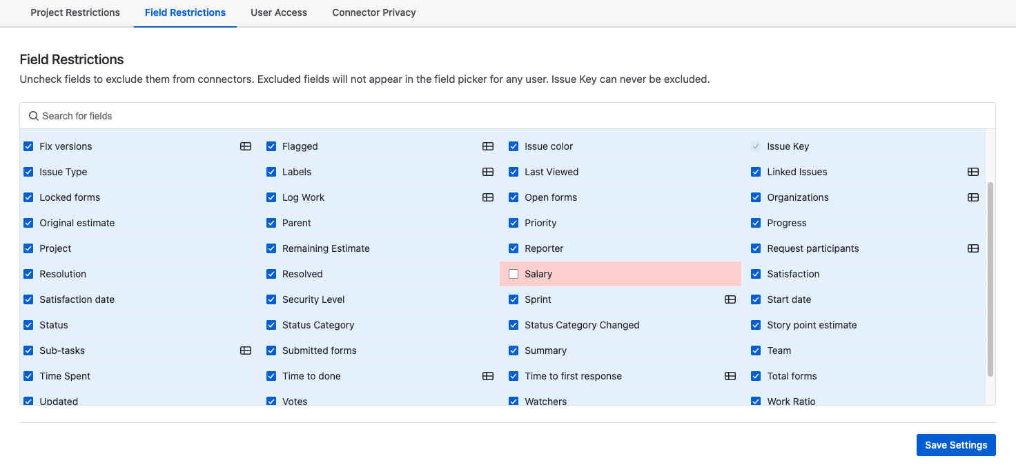 Field Restrictions tab with Salary field unchecked