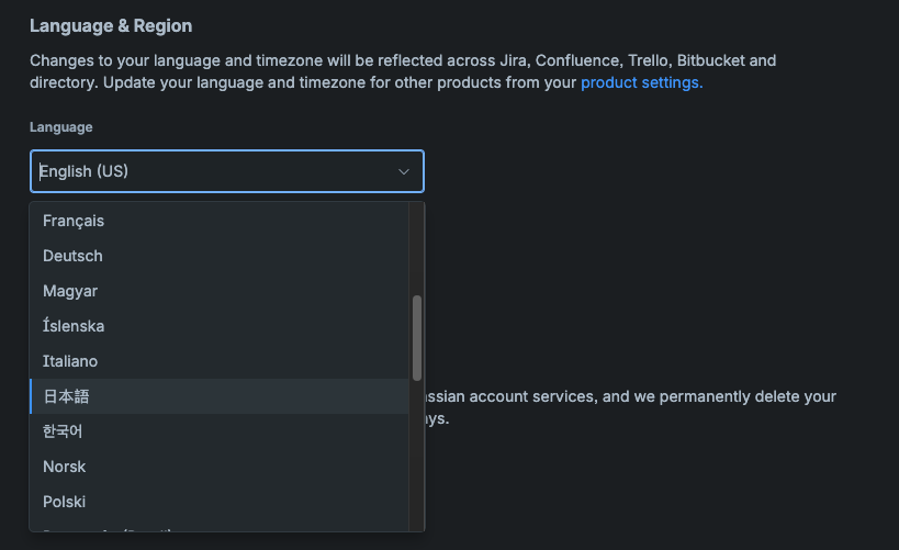 Language selection options in Atlassian account preferences