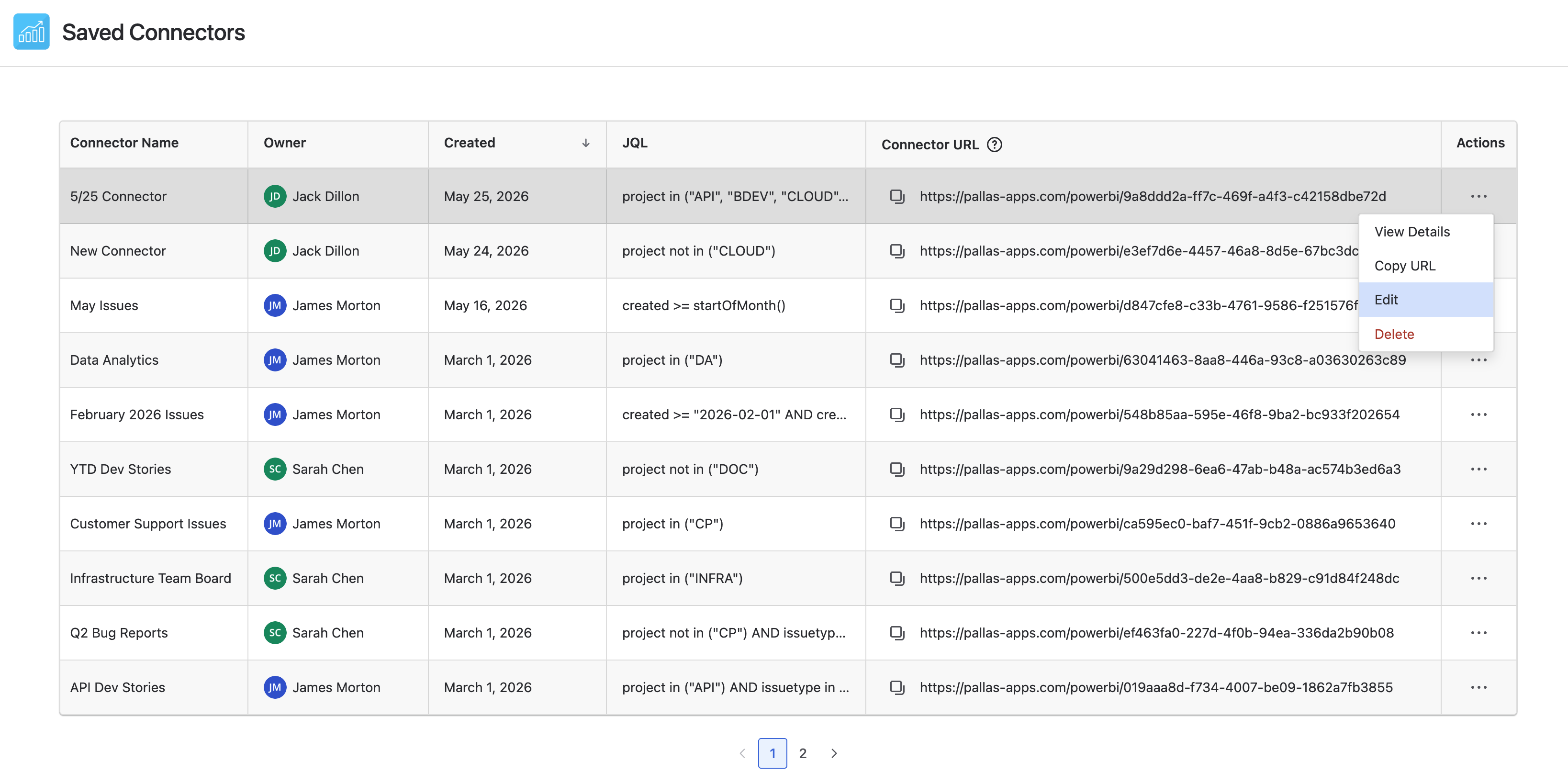Connector actions menu with Edit Connector option