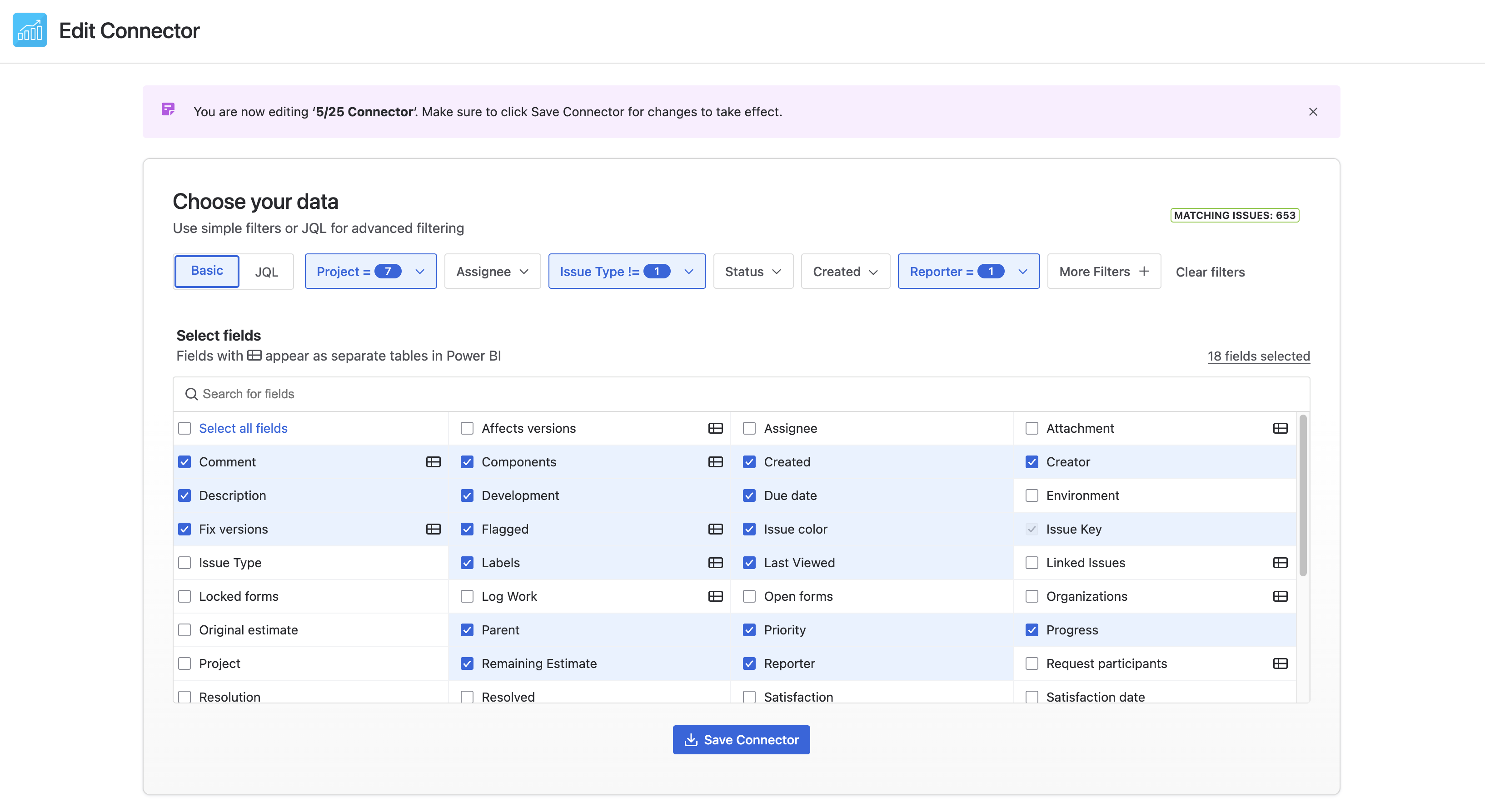 Edit connector page with existing filters and fields pre-selected