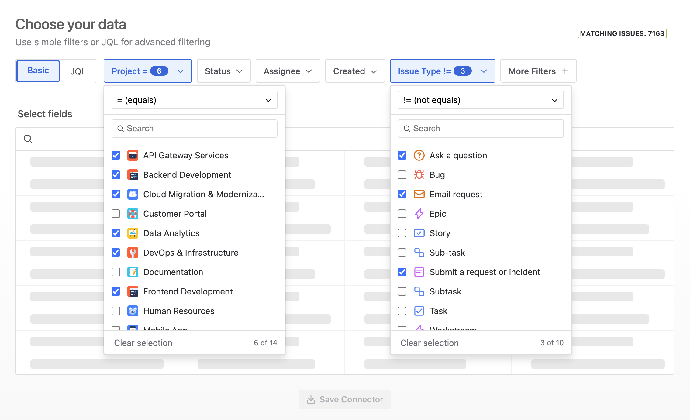 Jira filter interface showing project and issue type selectors