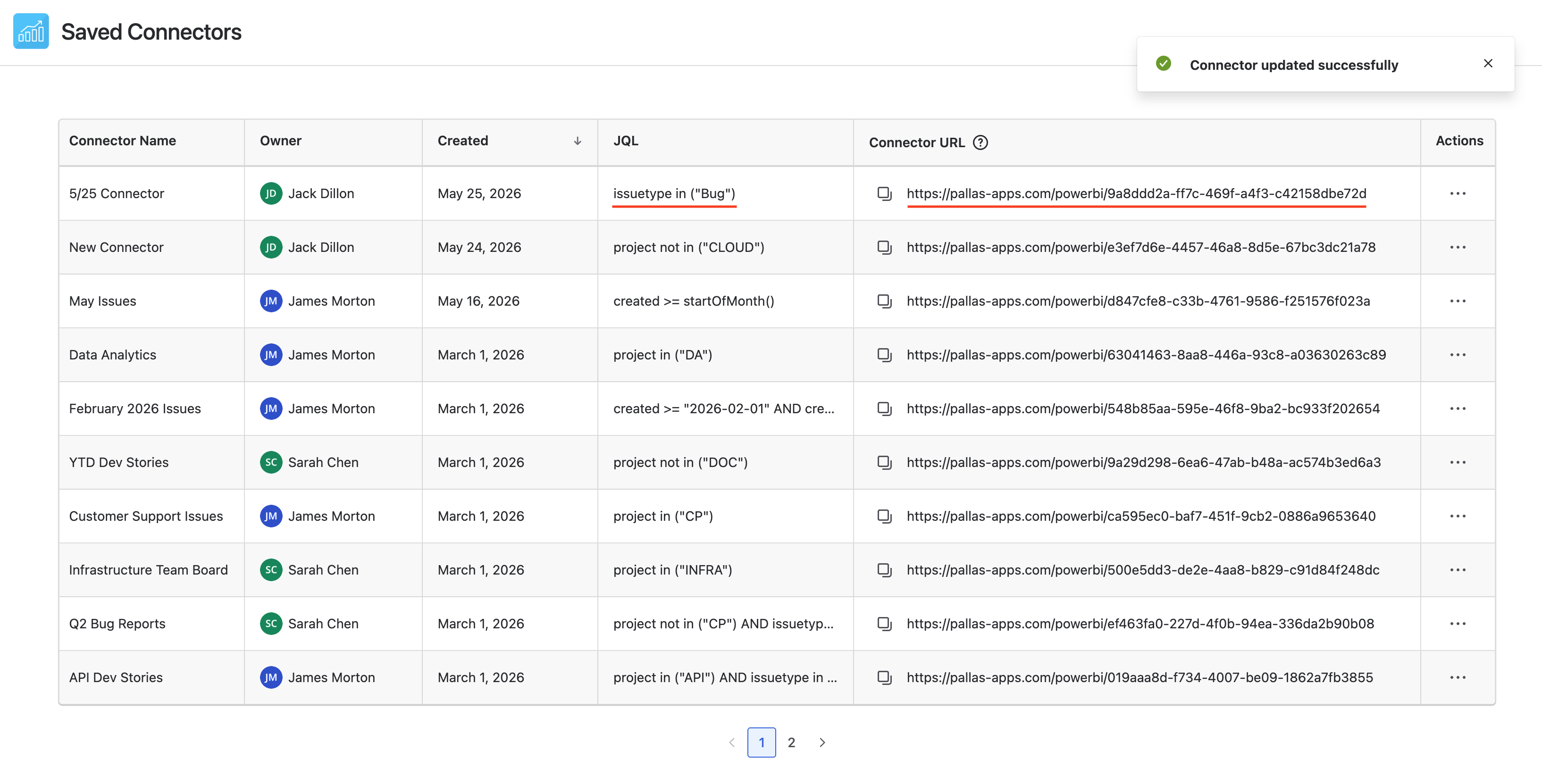 Saved connectors page showing updated connector with unchanged URL