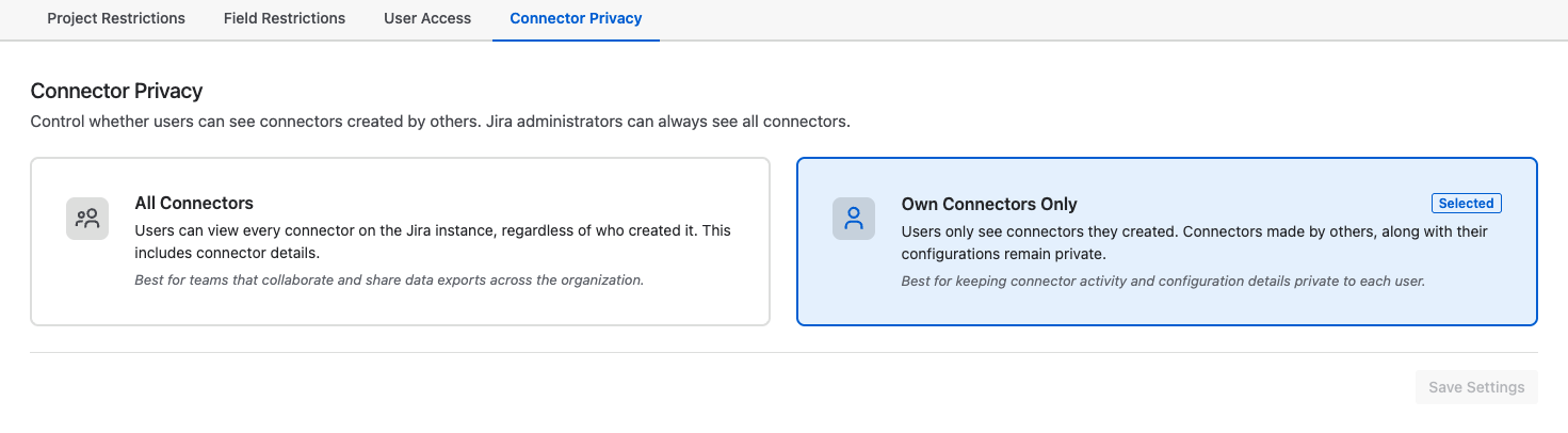 Connector Privacy tab with Own Connectors Only selected