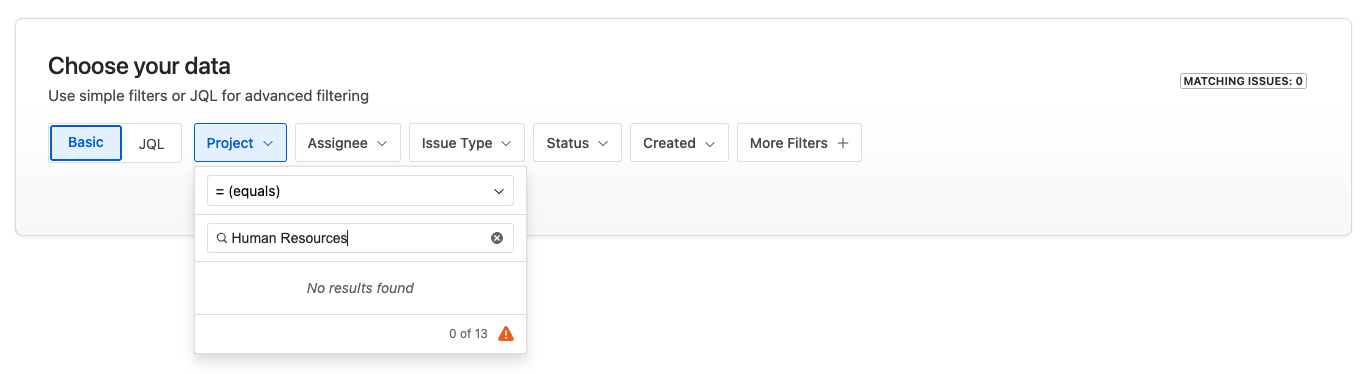 Project selector showing Human Resources project is no longer available
