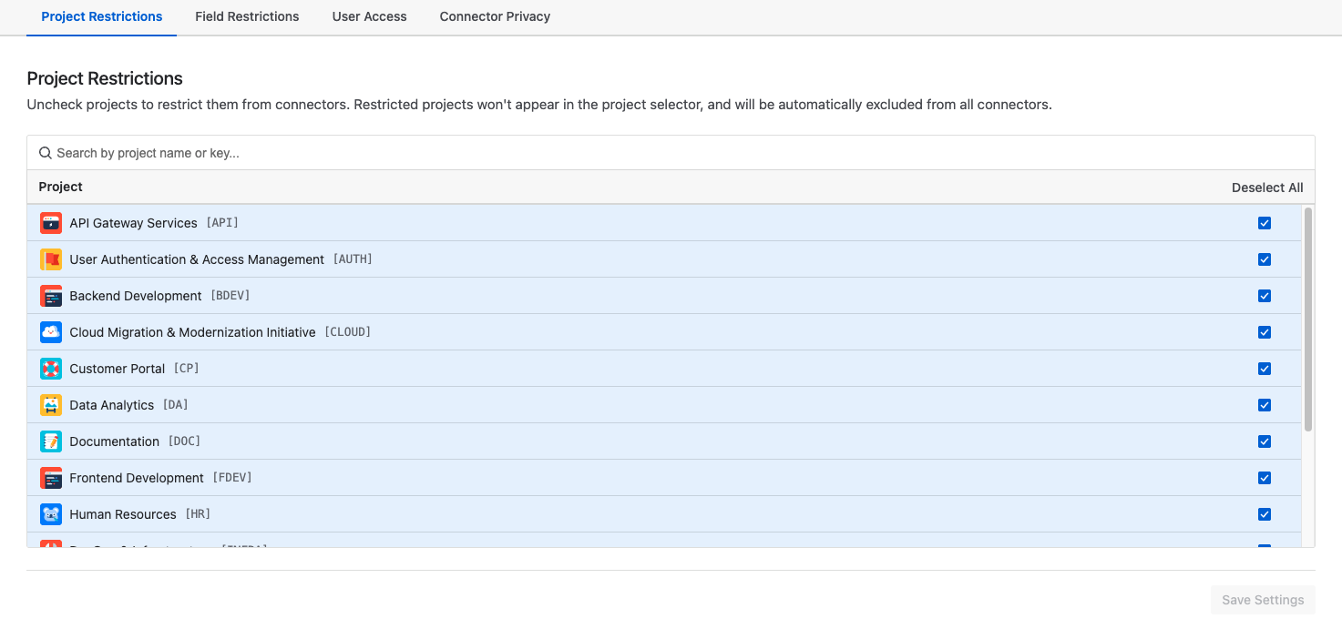 Project Restrictions tab showing all projects enabled