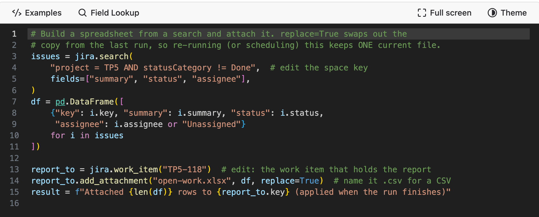 The script in the Script Console: a search, a DataFrame, and add_attachment of open-work.xlsx with replace=True