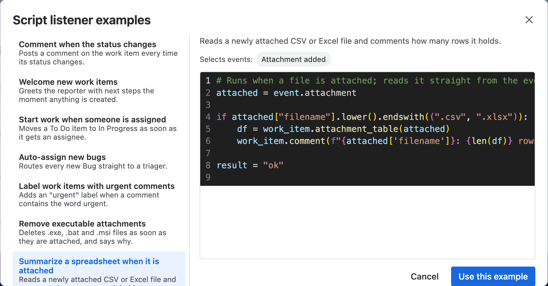 The Script listener examples browser with Summarize a spreadsheet when it is attached selected, showing that it selects the Attachment added event and its script