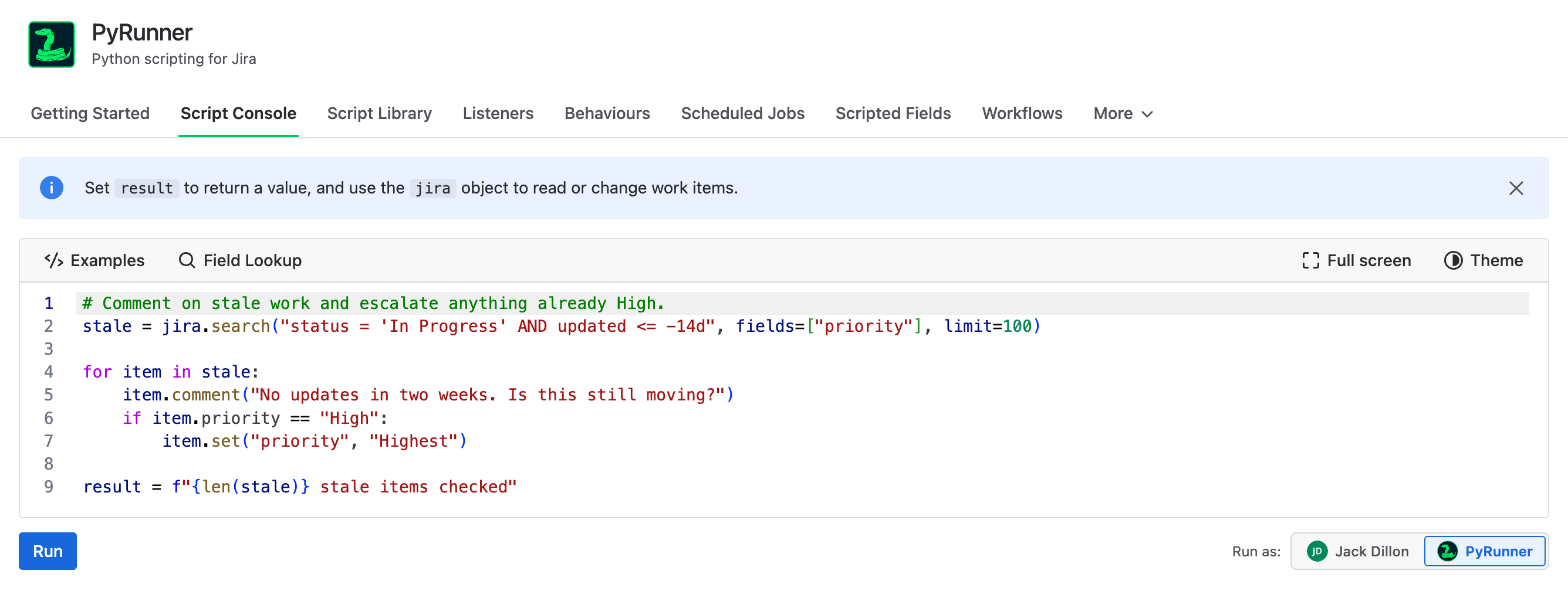 A PyRunner script that comments on stale work items and raises the priority of any already marked High