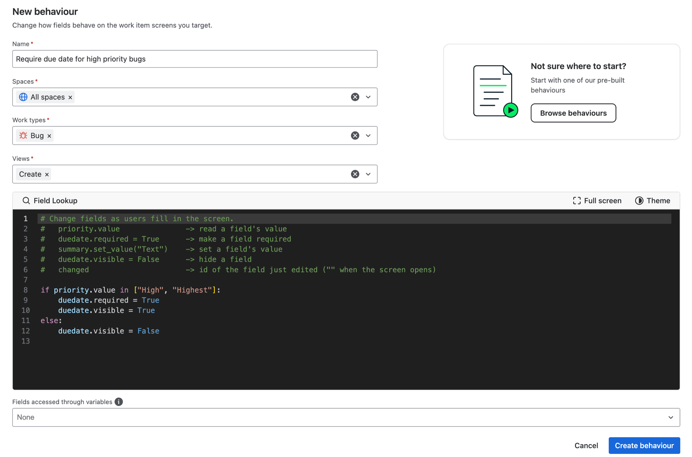 The New behaviour form: name, spaces, work types and views at the top, the script editor below, and a Create behaviour button