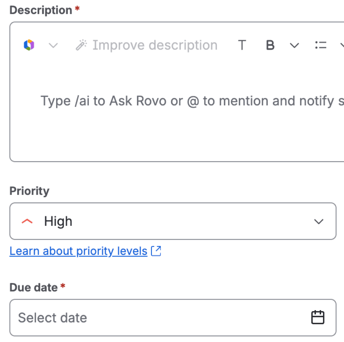 The same create screen at High priority, with red required markers on Description and Due date