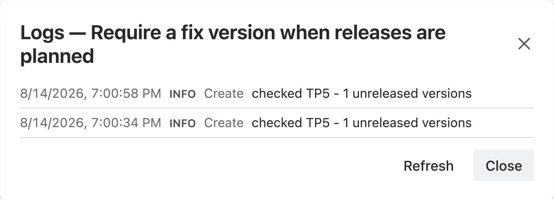 The logs view for a behaviour, listing two runs with their time, level, screen and message