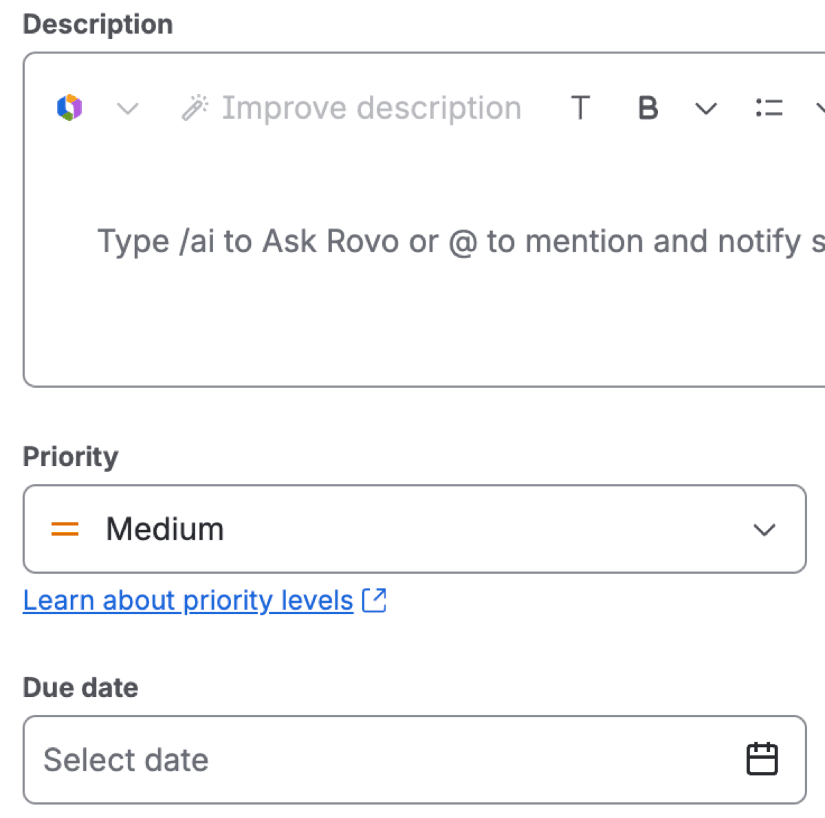 The create screen at Medium priority, with Description and Due date both optional