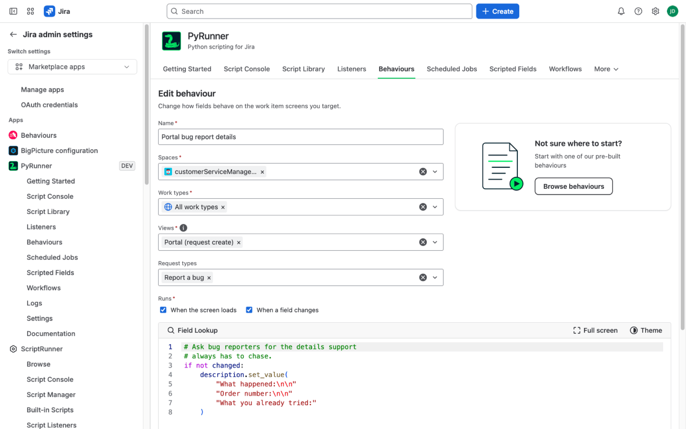 The behaviour form with the Portal view selected: the Request types picker scoped to Report a bug, both Runs checkboxes, and a script that prefills the description
