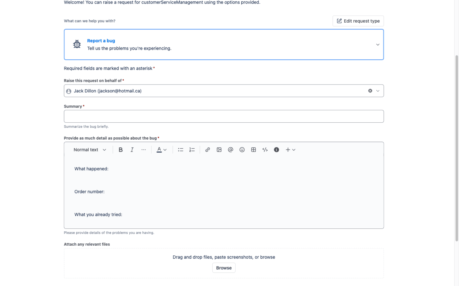 The Report a bug request form on the help center, with the description prefilled with the template's three prompts