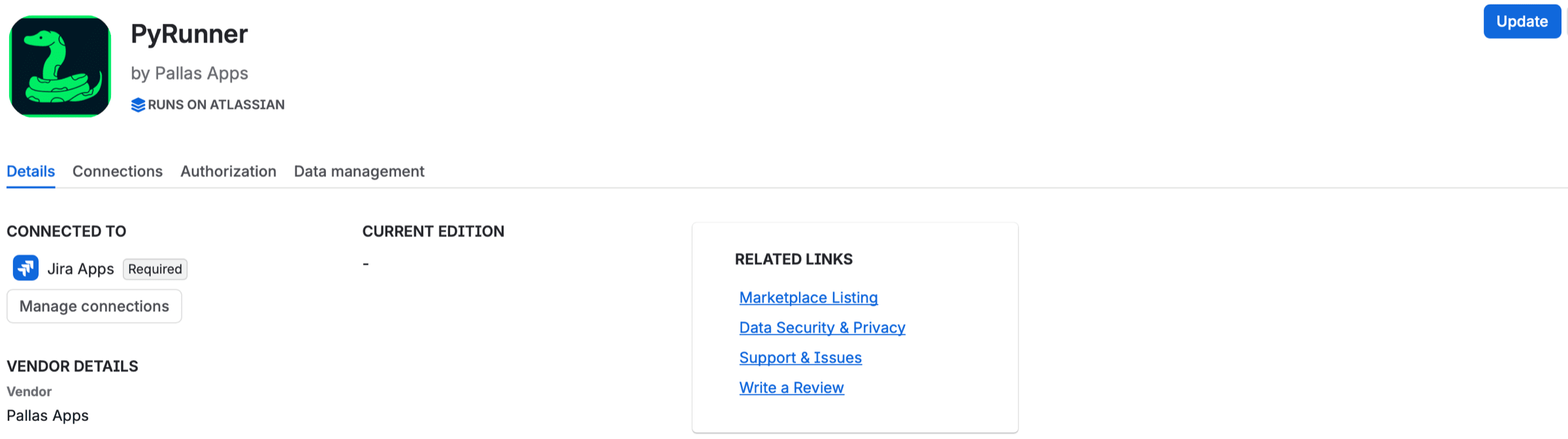 The PyRunner app details page with the Runs on Atlassian badge and an Update button in the top right corner