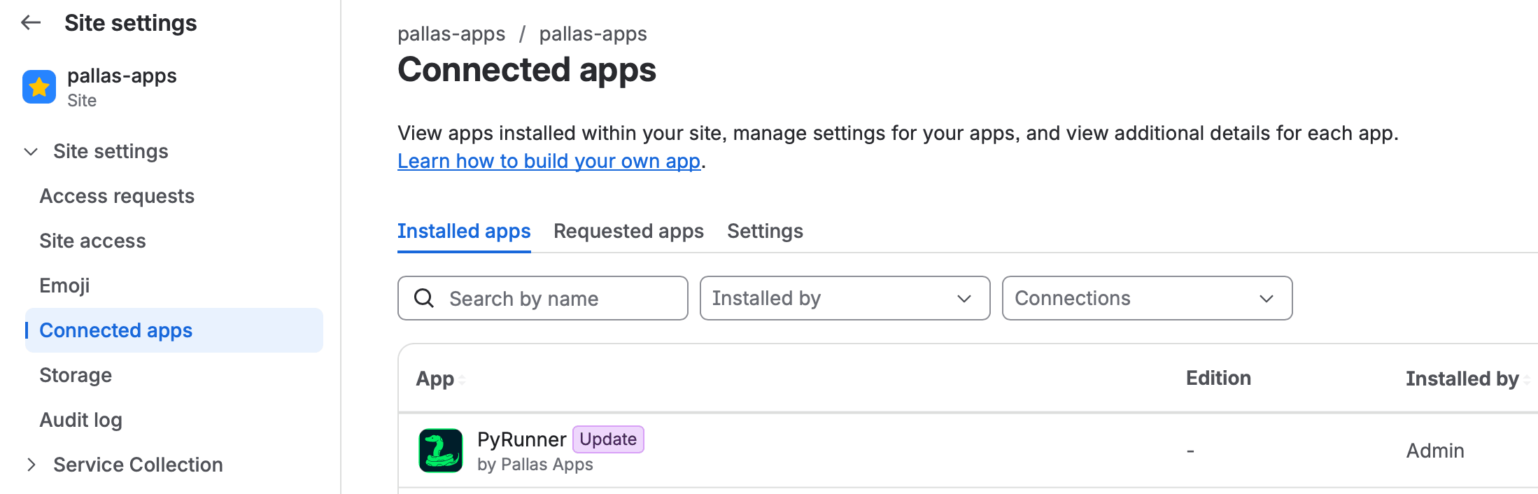 The Connected apps page listing PyRunner by Pallas Apps with an Update pill next to its name
