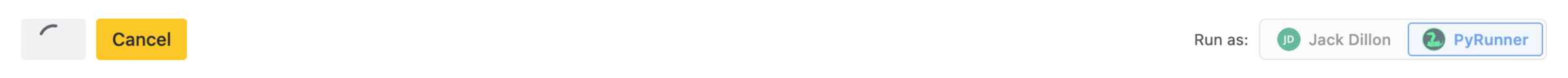 The same row while a script is running: a spinner, then a yellow Cancel button in place of Run