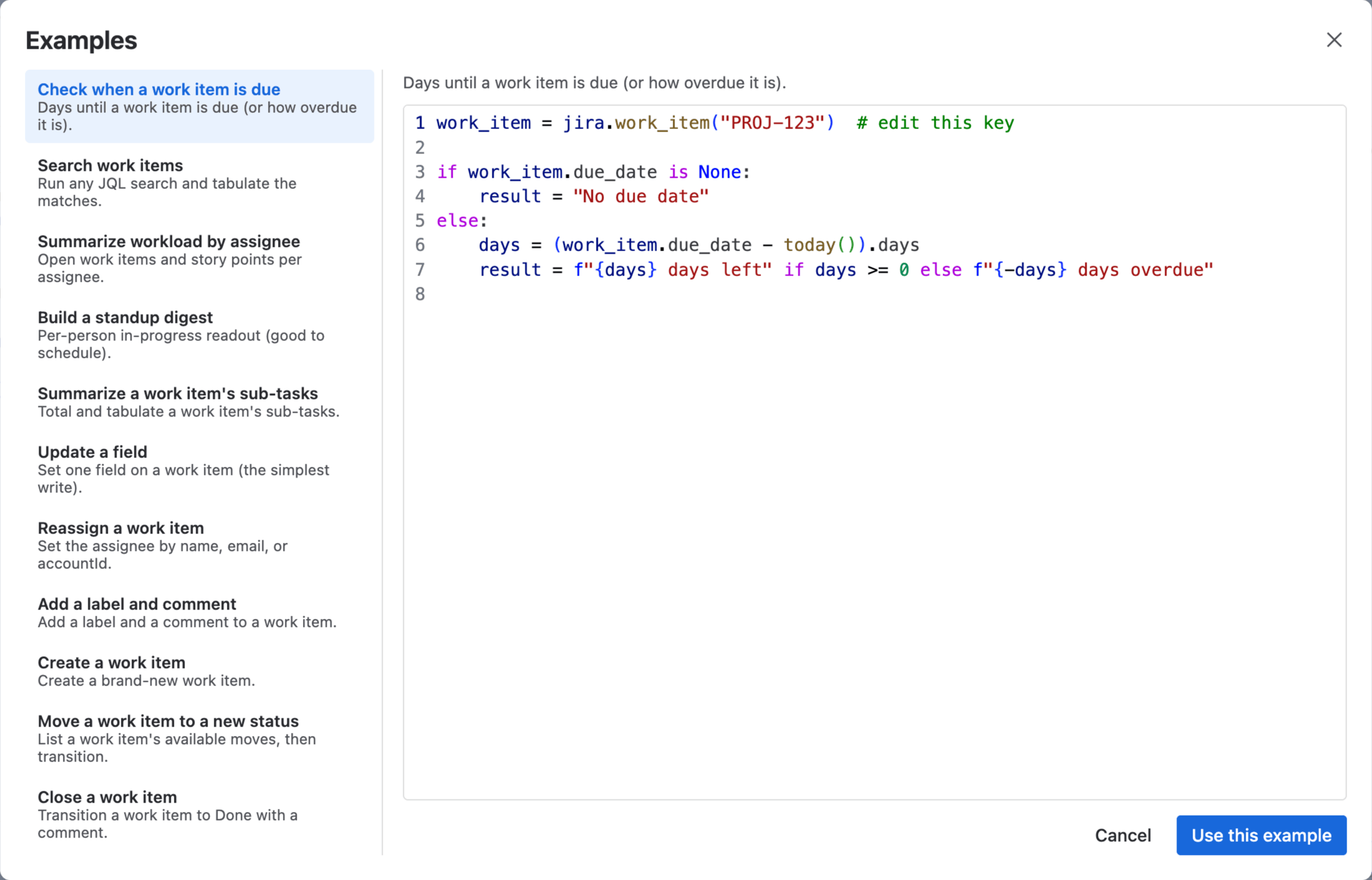 The Examples browser: a list of examples on the left, the selected example's script previewed on the right, with a Use this example button