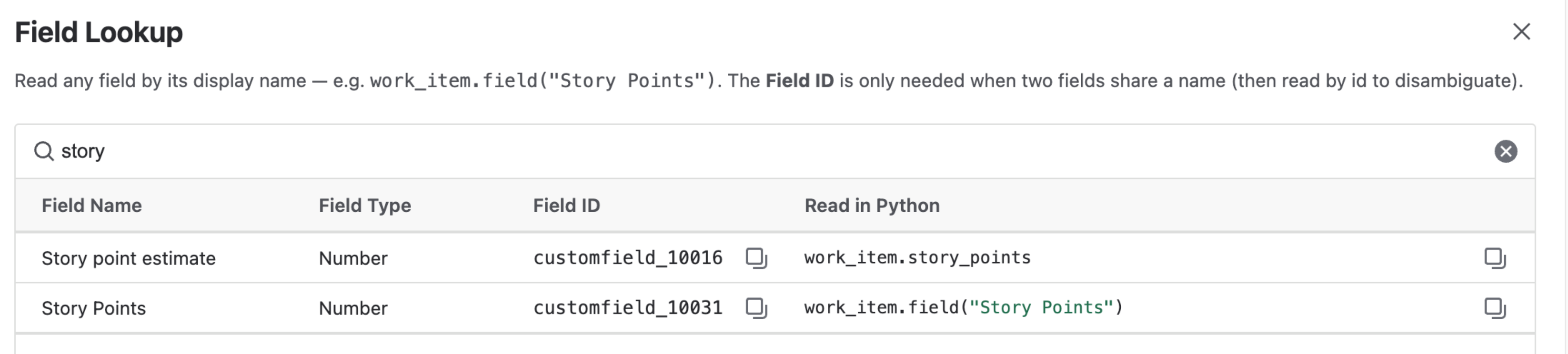 The Field Lookup table searched for story, showing Story point estimate and Story Points with their ids and the Python line that reads each