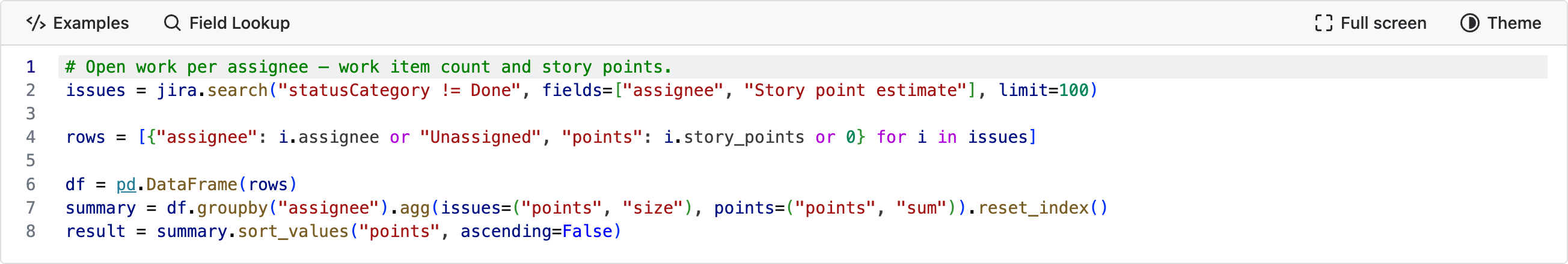 The script in the Script Console: a search, a DataFrame of assignee and points, and a groupby summary
