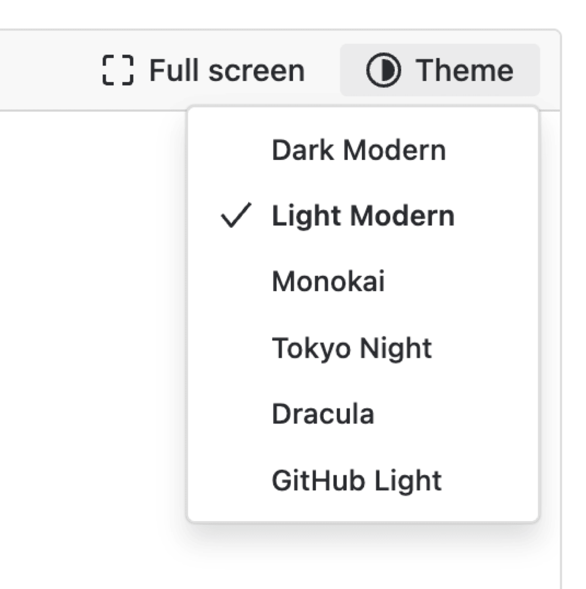 The Theme dropdown listing Dark Modern, Light Modern, Monokai, Tokyo Night, Dracula and GitHub Light, with Light Modern ticked