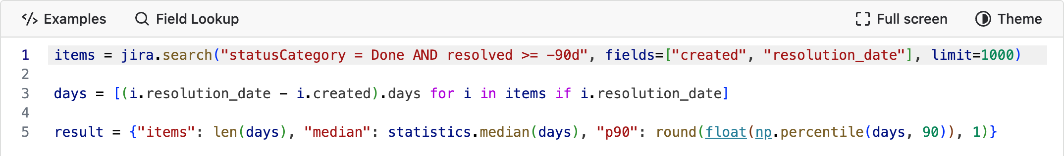 The script in the Script Console: searching resolved work, then computing a median and 90th percentile with statistics and numpy