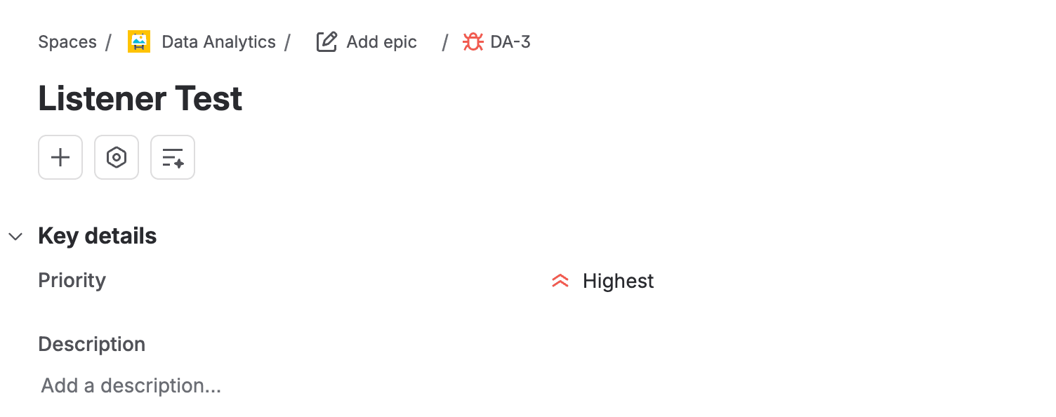A new bug called Listener Test in the Data Analytics space, with its priority set to Highest