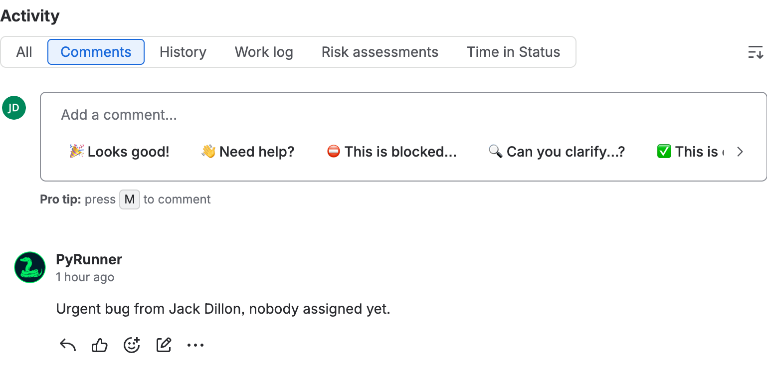 The activity feed with a comment from PyRunner reading Urgent bug from Jack Dillon, nobody assigned yet