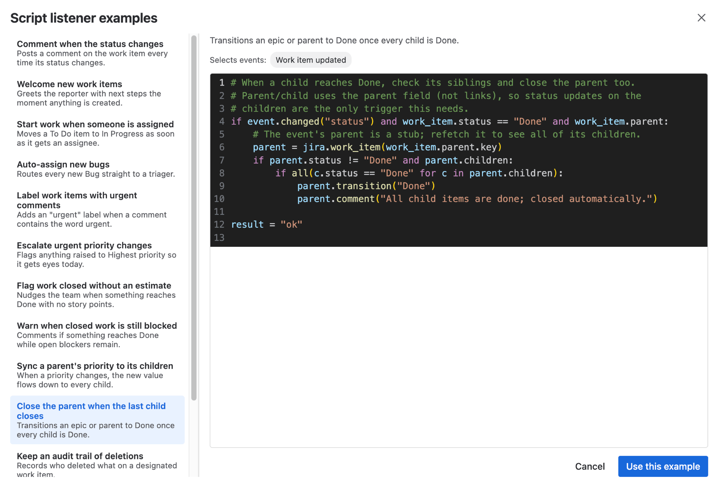 The listener templates browser with a list of ready-made listeners on the left and the selected template's script and its required event on the right