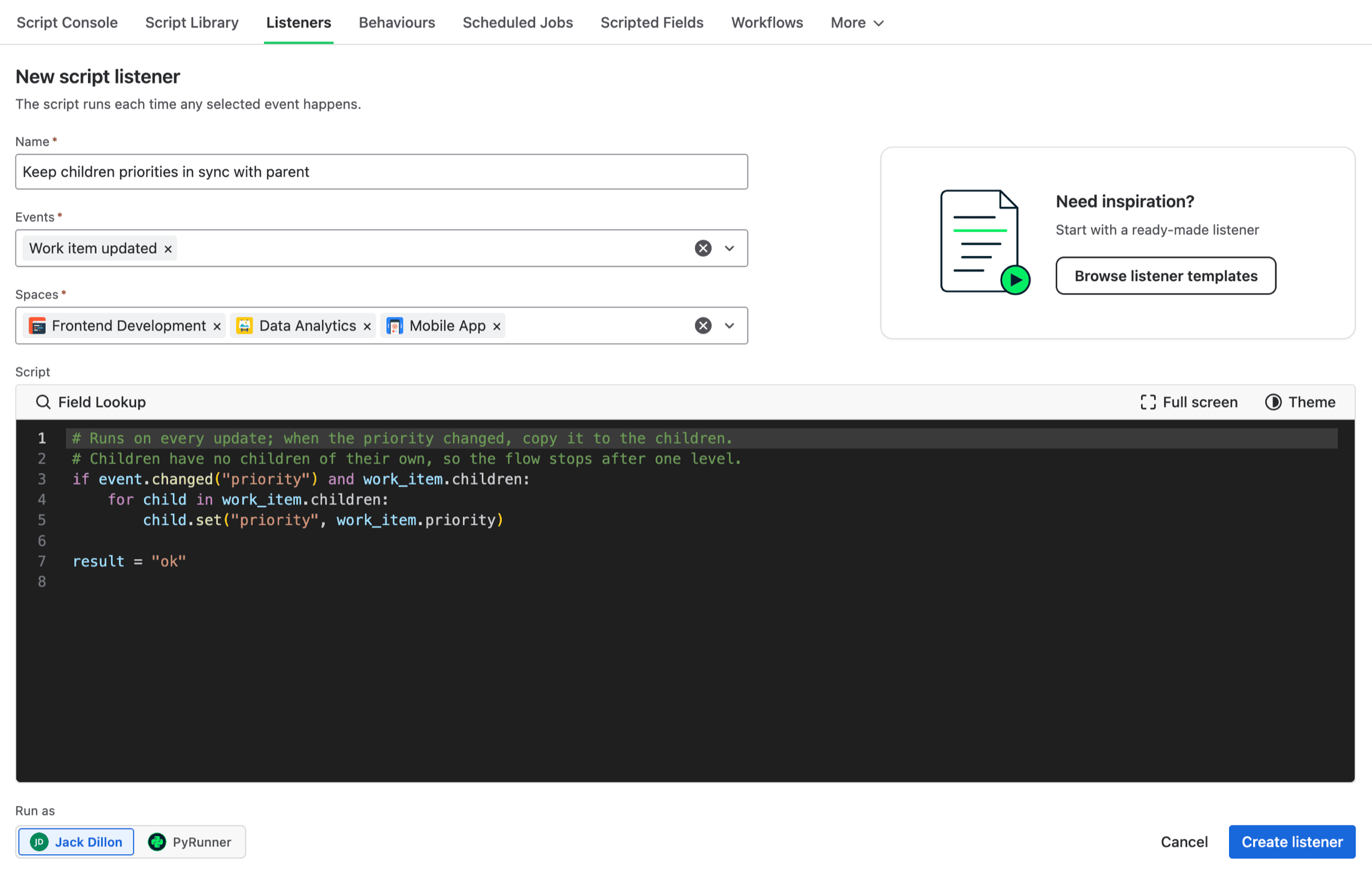 The New script listener form with a name, one event selected, three spaces chosen, a script in the editor, and the Run as toggle at the bottom