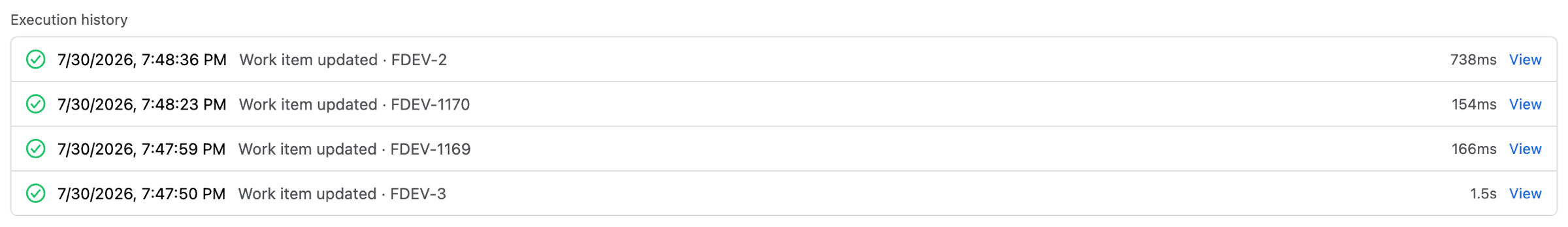 The Execution history panel listing four successful runs, each showing the event, the work item key, the duration and a View link
