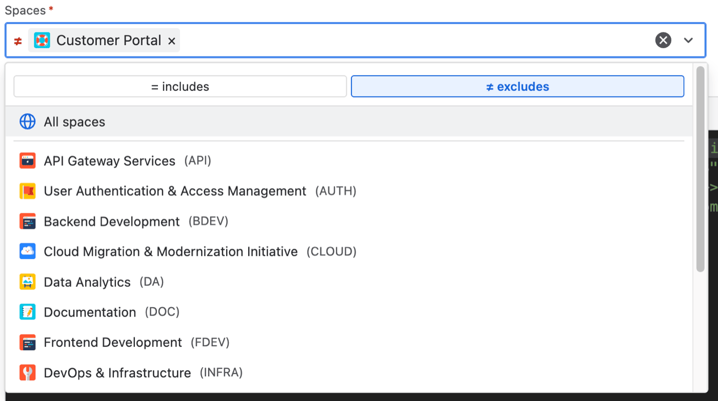 The Spaces picker with the excludes option selected and Customer Portal chosen, so the listener runs everywhere except that space