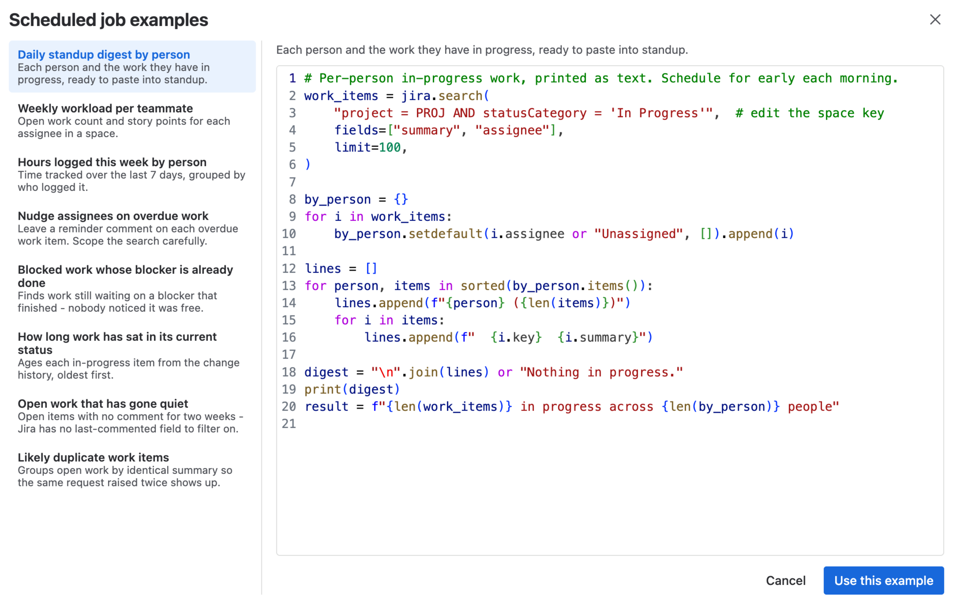 The scheduled job examples browser with a list of pre-written jobs on the left and the selected job's script on the right